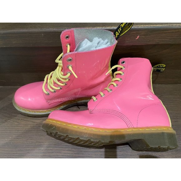 Rare Dr. Martens 1460 W bubble gum pink yellow Patent Lamper Boots Size 7L - Picture 2 of 16
